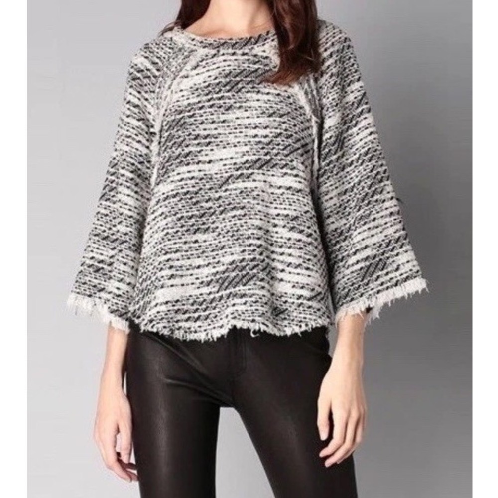 IRO LICIA Sweater Frayed Bouclé Tweed Knit Fringe Cotton Blend Gray Sz 36 US 4